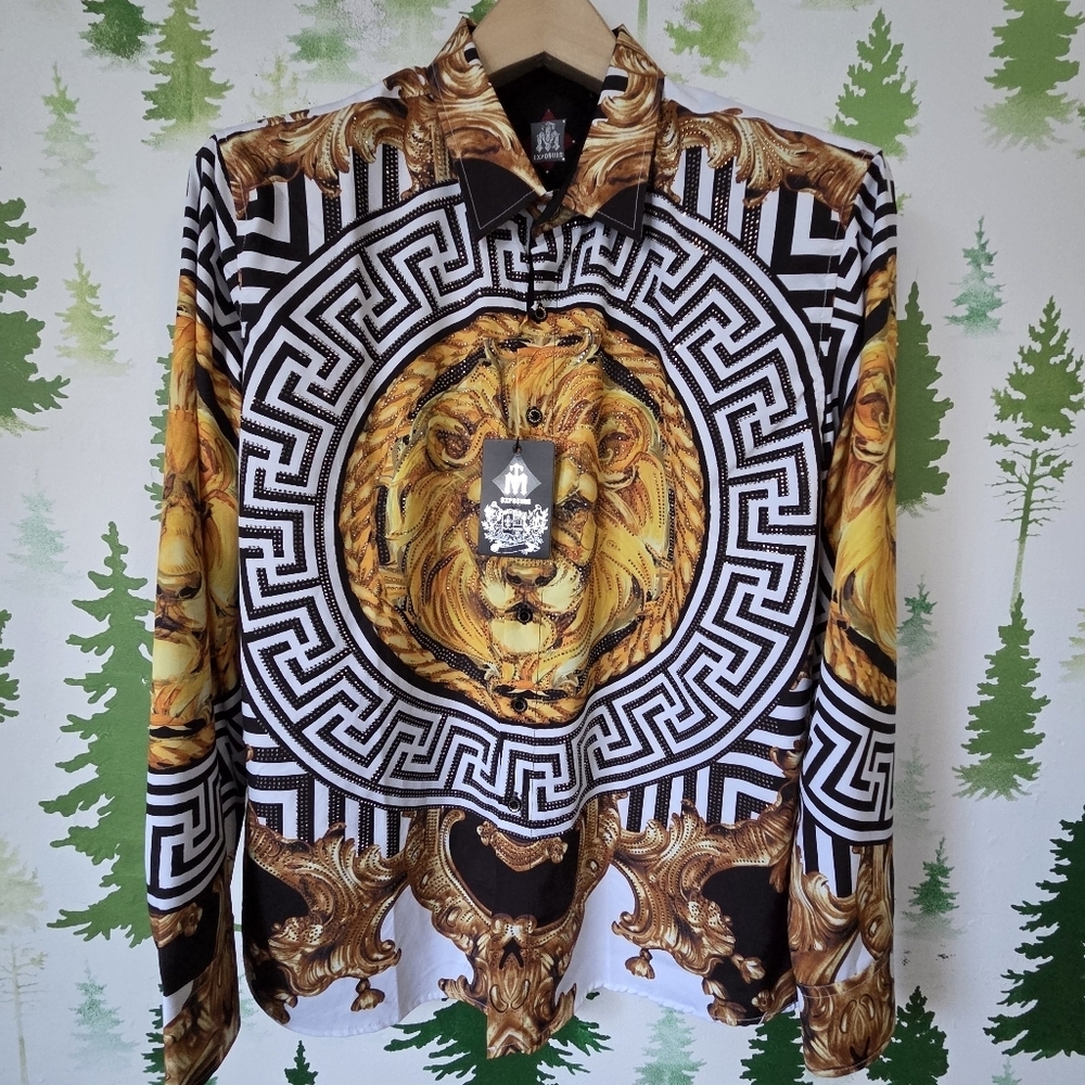 Black and Gold Lion Print Stoned Dress Shirt